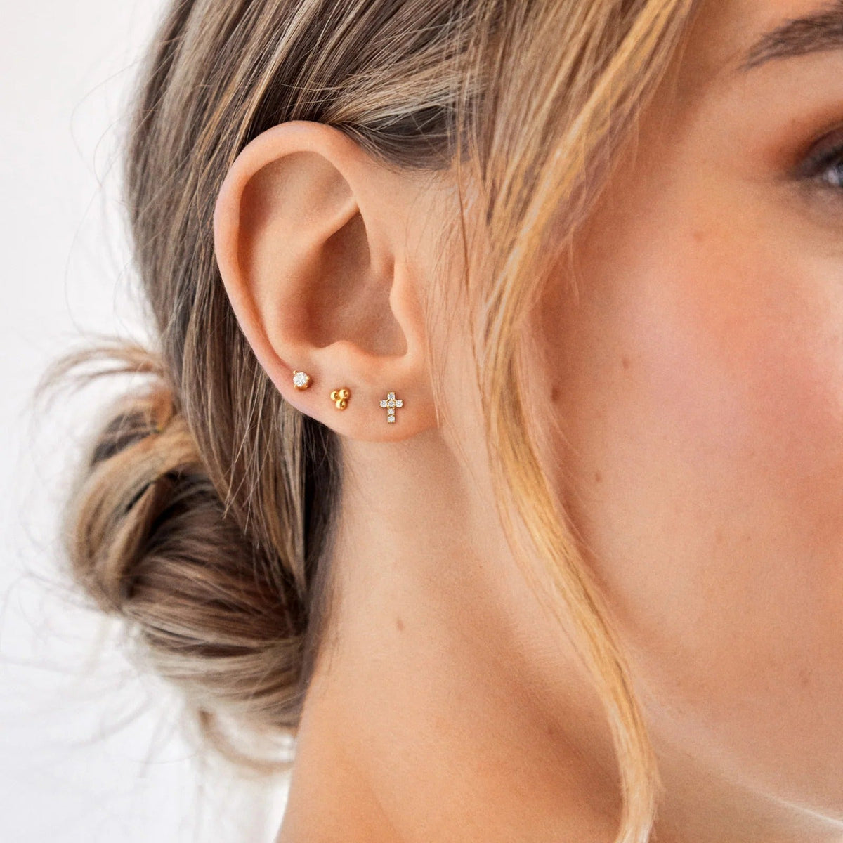 Lavisa - Pavé Cross Earrings - 14K Gold Faith Jewelry - Detail & Styling View