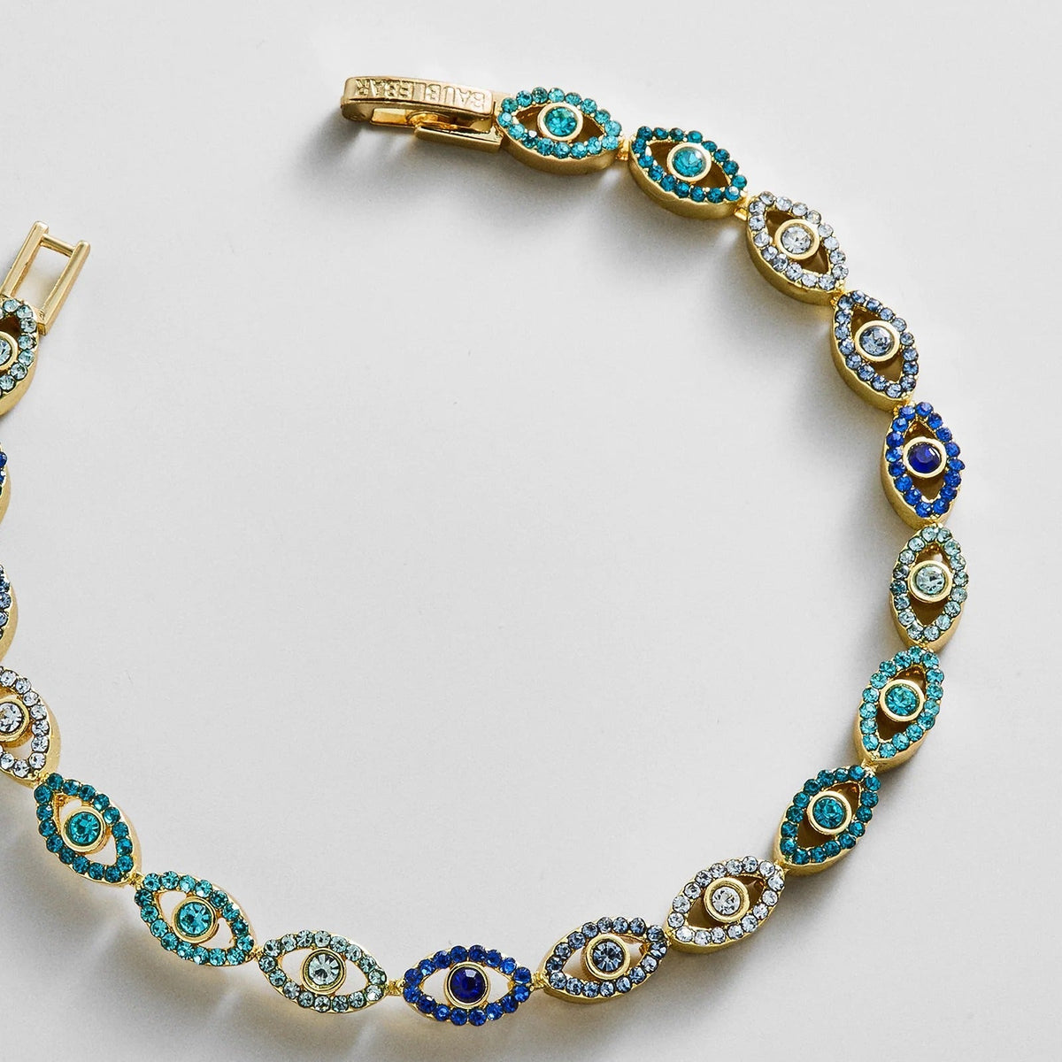 Lavisa - Gold Evil Eye Ombre Blue Tennis Bracelet - On-Model & Scale View