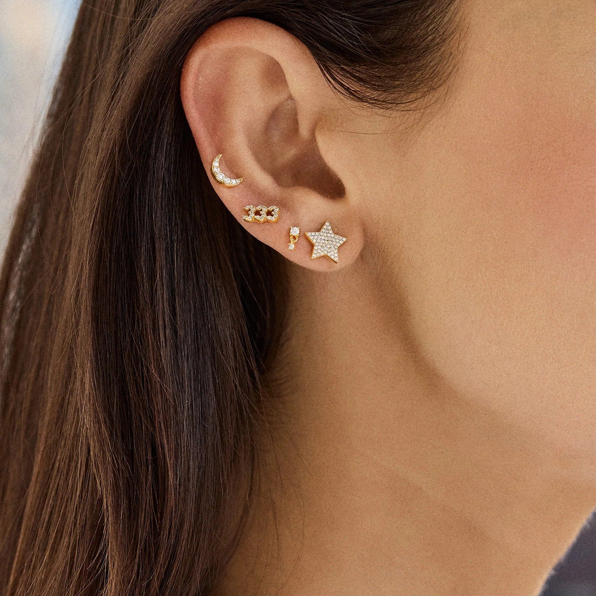 Lavisa - 14K Gold Celestial Pavé Star Stud Earring - Detail & Styling View