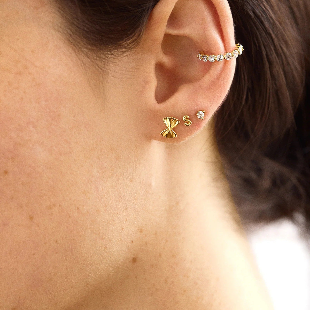 Lavisa - 18K Gold Pasta Design Fun Stud Earrings - Detail & Styling View