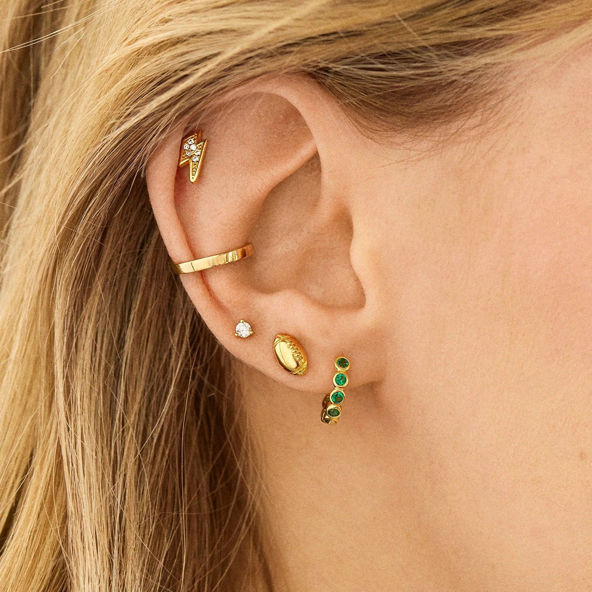 Lavisa - Sports Football Gold Stud Earrings - Detail & Styling View