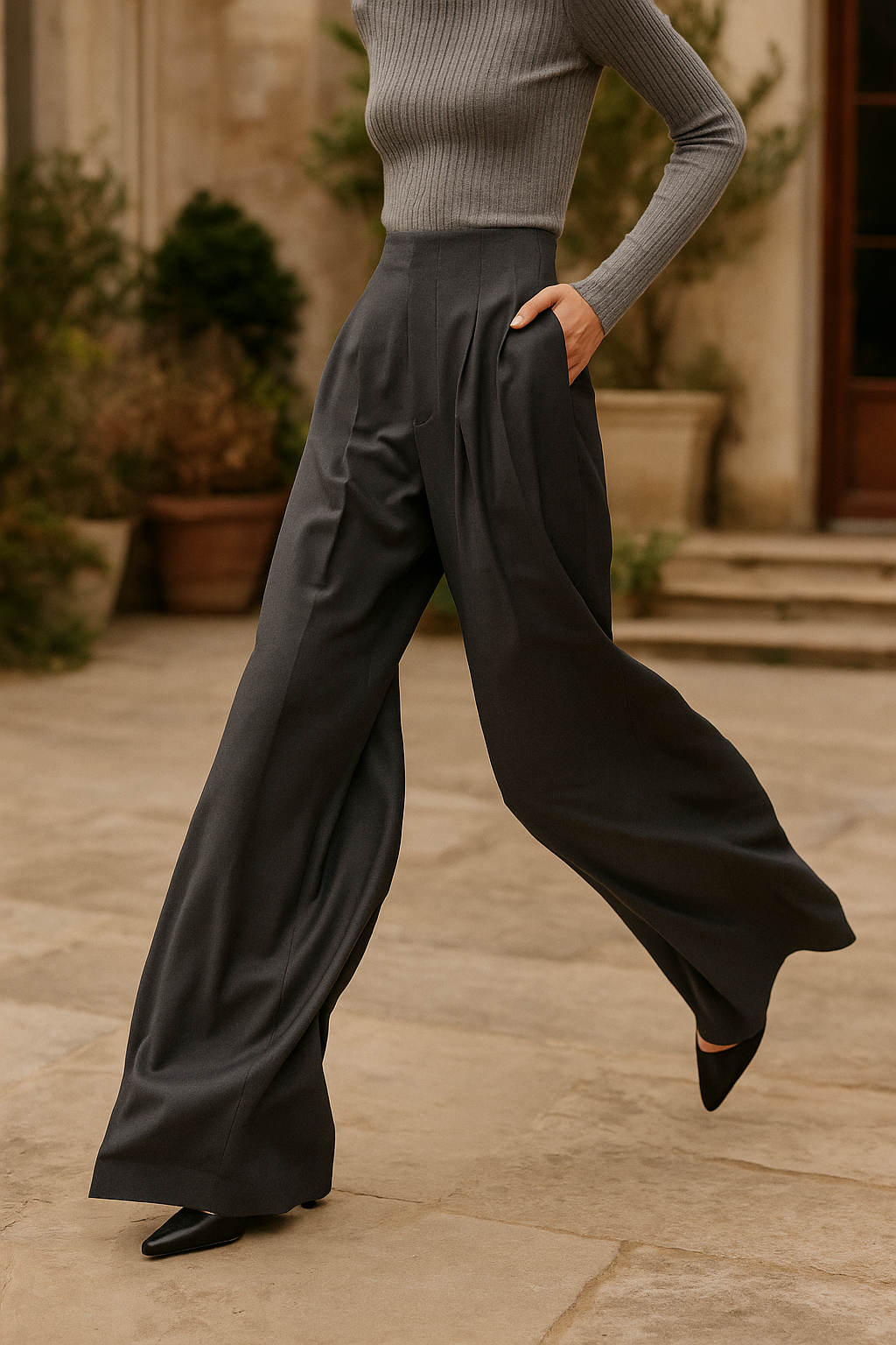 Lavisa - High Waisted Cotton Draped Wide Leg Pants