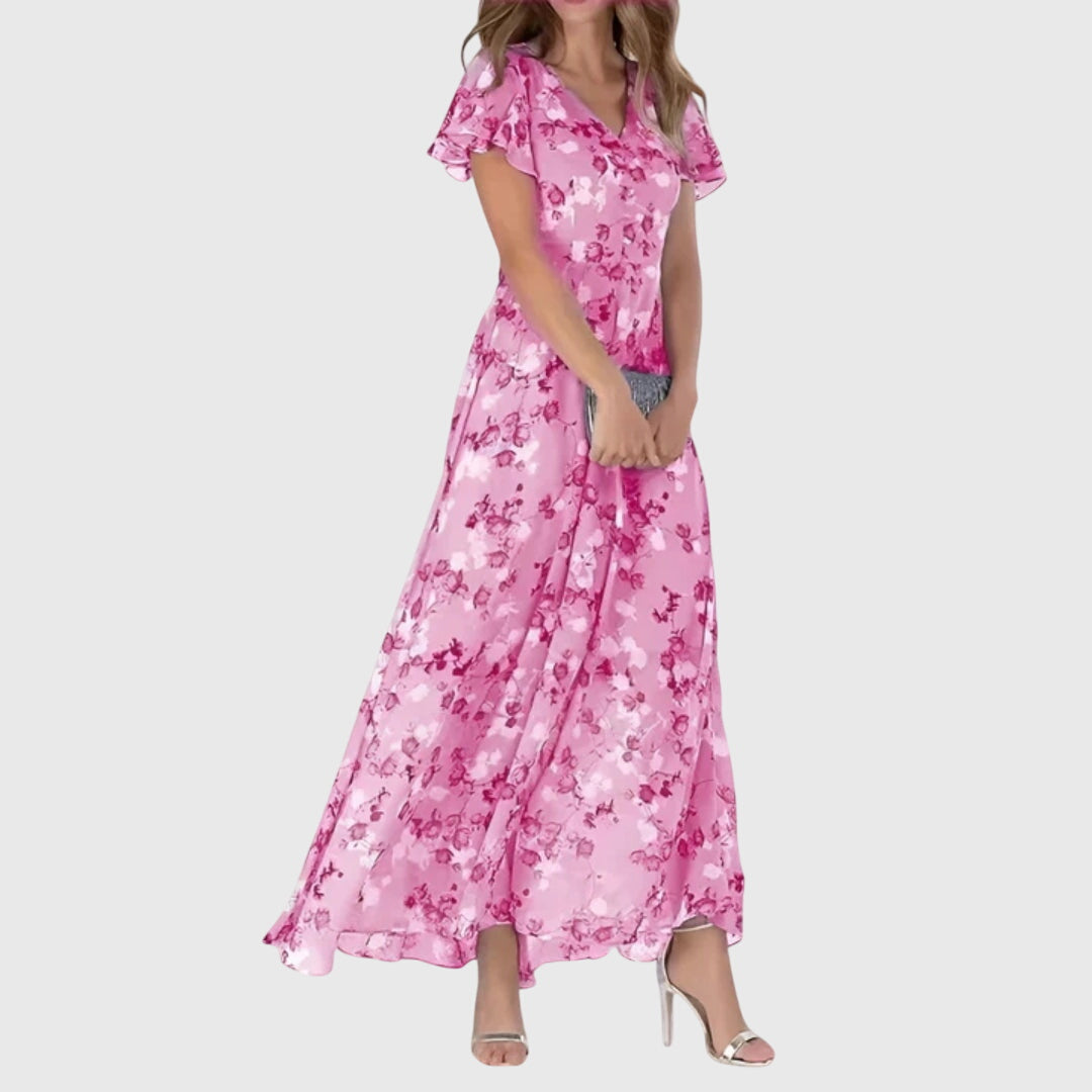 Womens Floral V Neck Maxi Dress Flowy Summer Party Gown - Close-Up Texture & Detail | Lavisa
