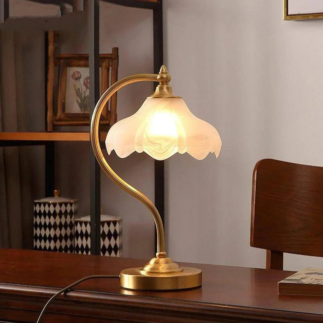 Lavisa floral brass and glass table lamp with polished metallic base for living room lighting (View 8)