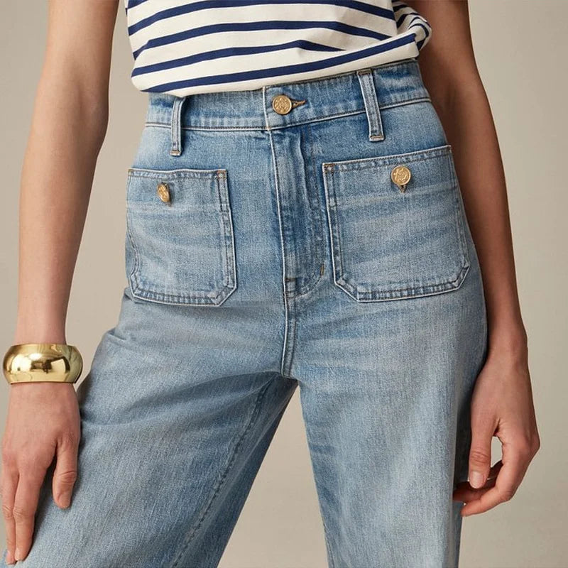Lavisa - High Rise Wide Leg Denim Jeans with Front Button Pockets