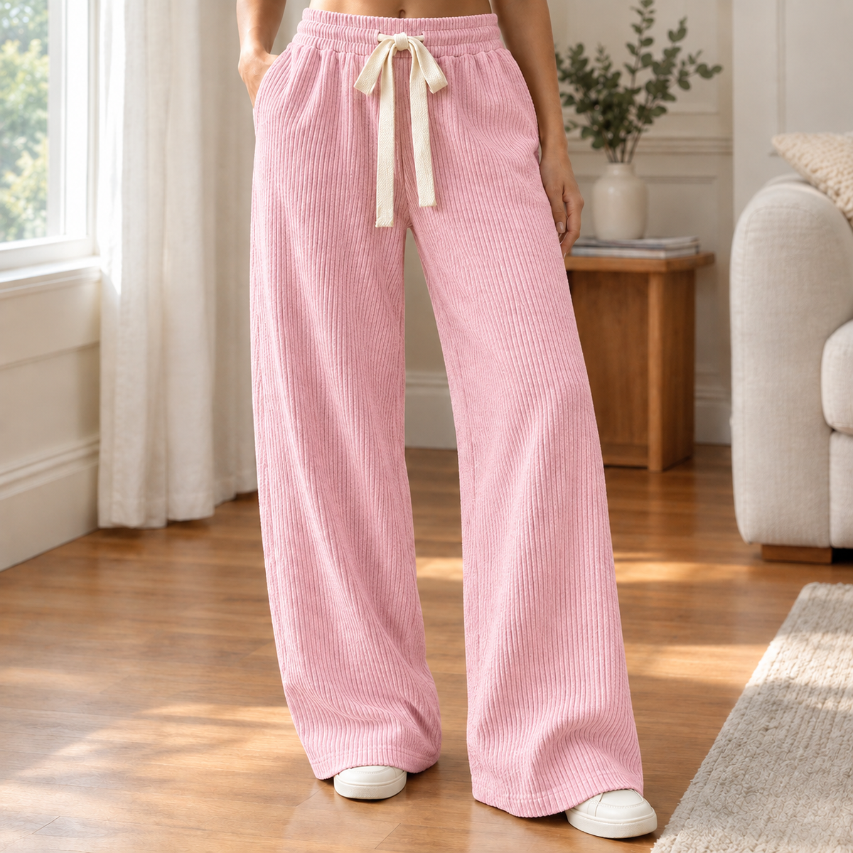 Lavisa - Women's Ribbed Wide Leg Pants - Elastic Drawstring Waist