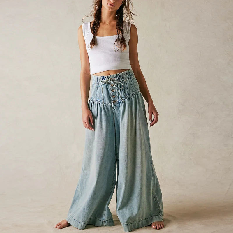 Lavisa - Womens Pull On Chambray Wide Leg Denim Pants