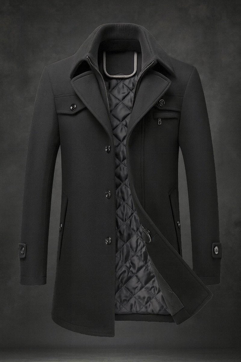 Men's Pure Wool Coat Quilted-Lined Double-Collar Overcoat - Close-Up Texture & Detail | Lavisa