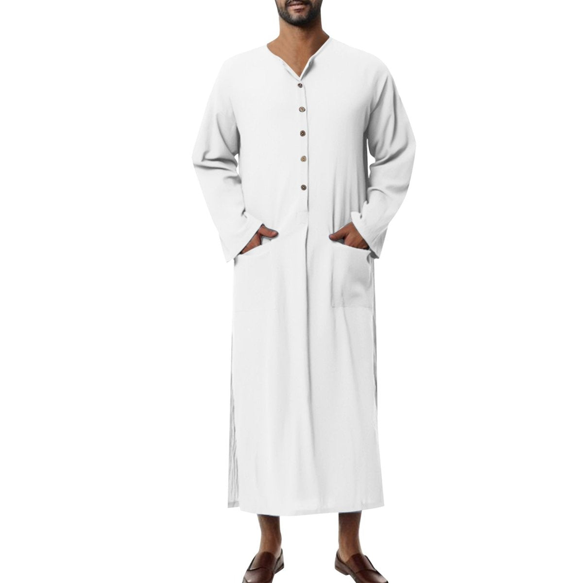Men's Relaxed-Fit Linen Kaftan Tunic Long Button-Front Robe - Variant Style 9 | Lavisa