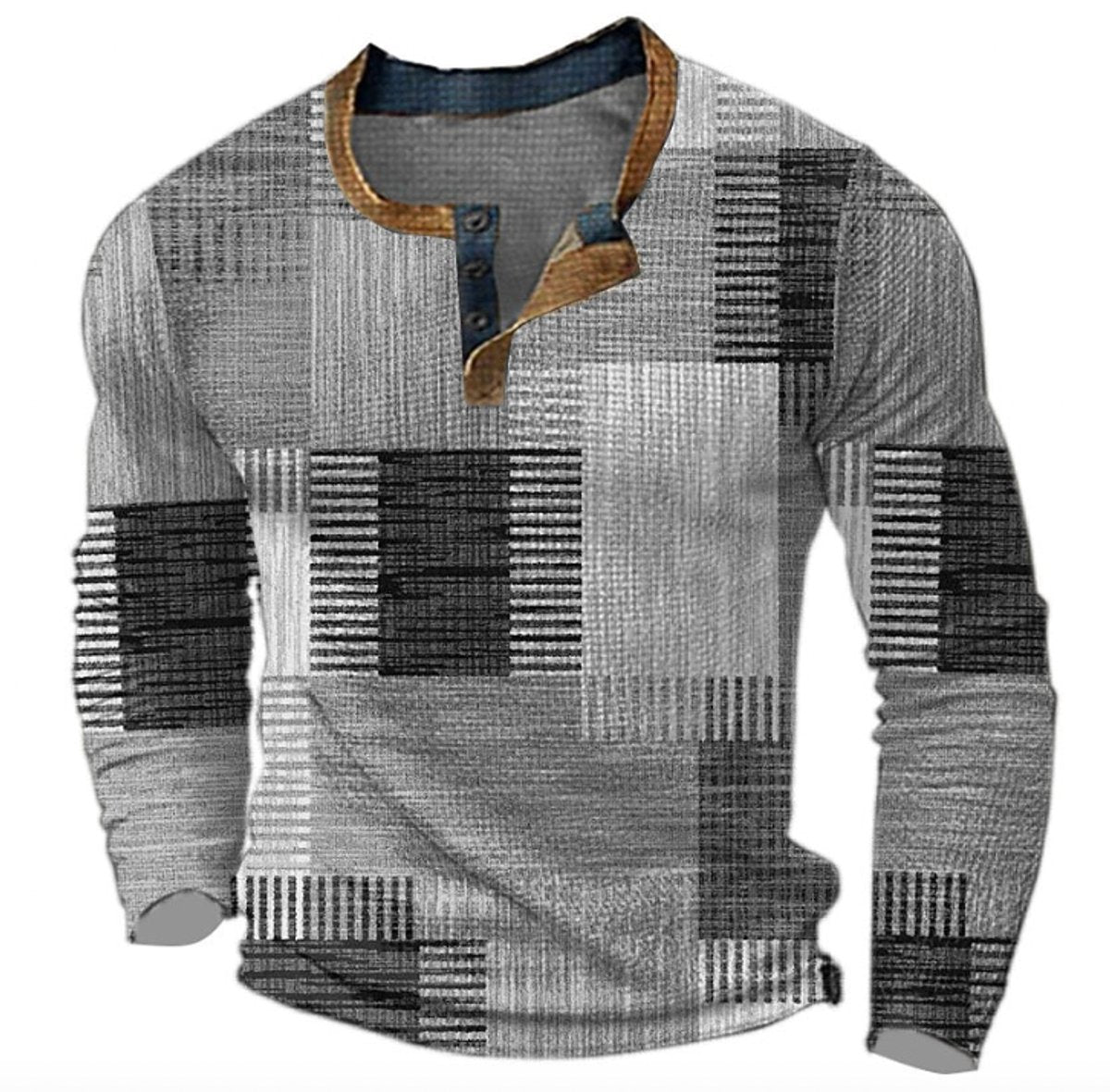 Men's Retro Colour Block Long Sleeve Henley Knit Sweater - Close-Up Fabric Texture | Lavisa