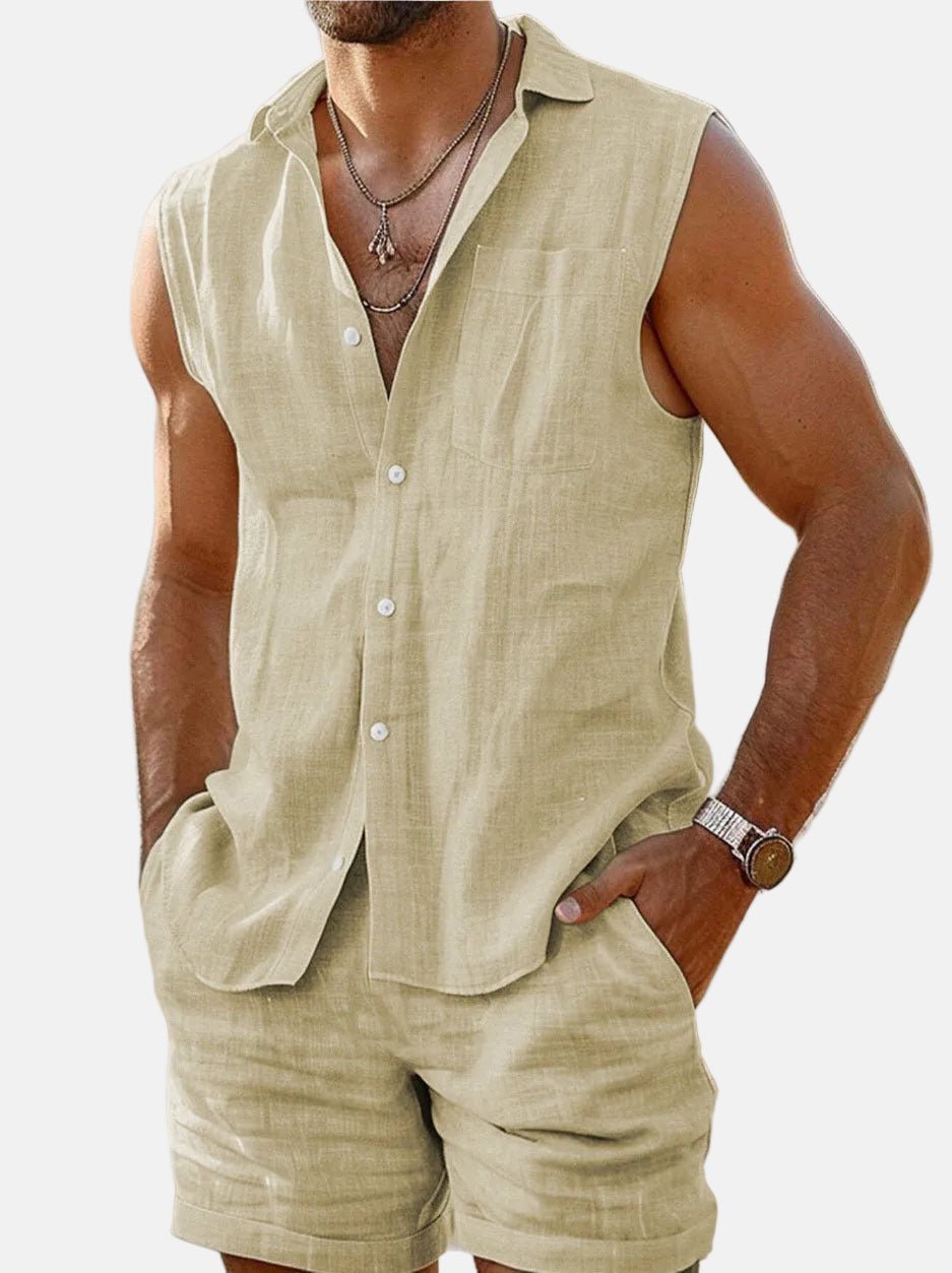 Men's Sleeveless Button-Down Linen-Look Shirt Shorts Set - Sole & Material View | Lavisa