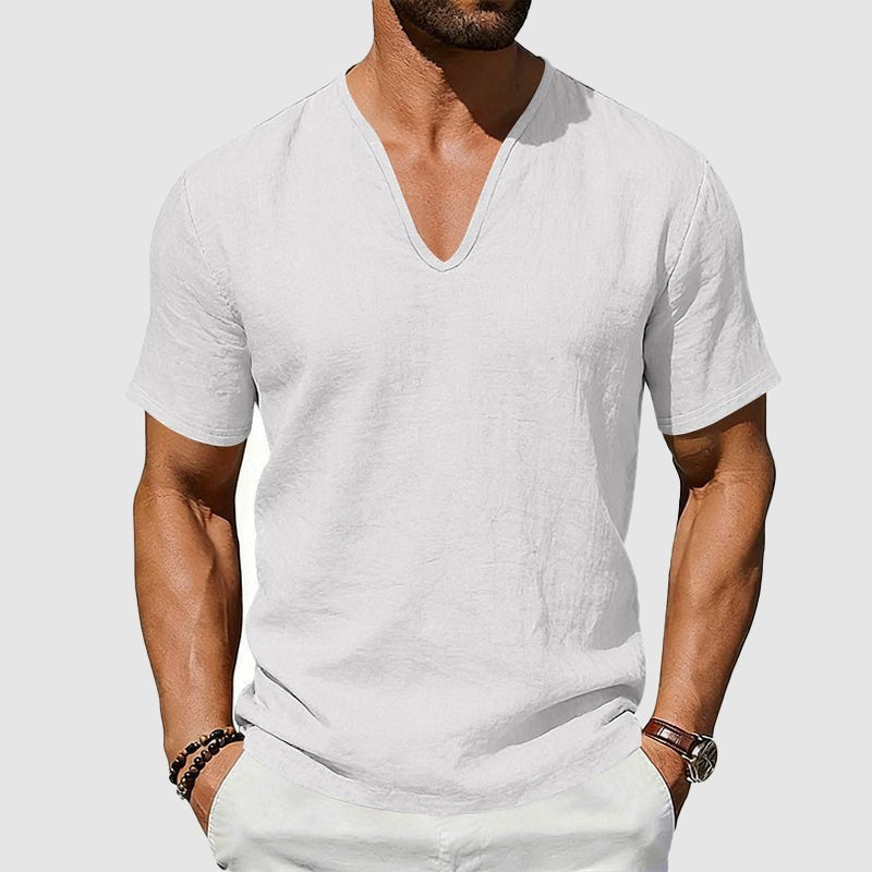 Men's V-Neck Linen Short-Sleeve T-Shirt - Lifestyle & Model Angle | Lavisa
