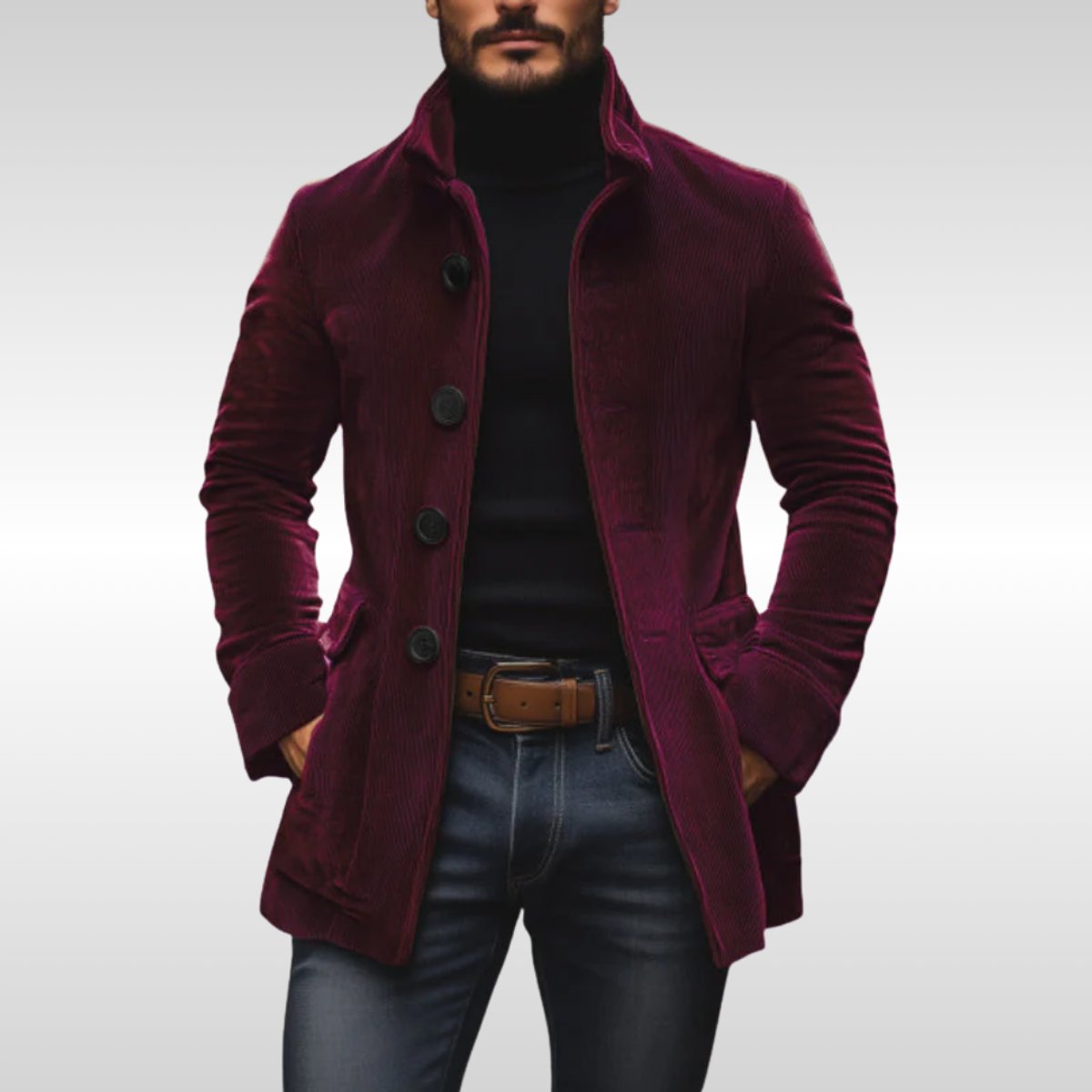 Mens Wool Coat Slim Fit Corduroy Standing Collar Button Jacket - Close-Up Texture & Detail | Lavisa