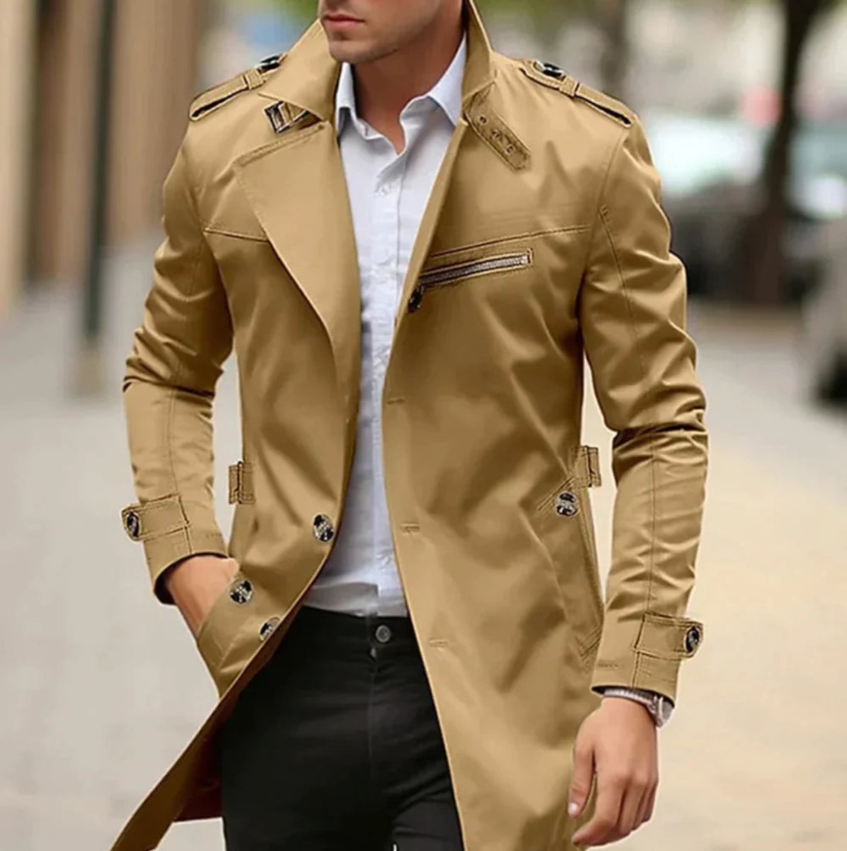 Mens Wool Coat Slim-Fit Double-Breasted Trench Overcoat - Sole & Material View | Lavisa
