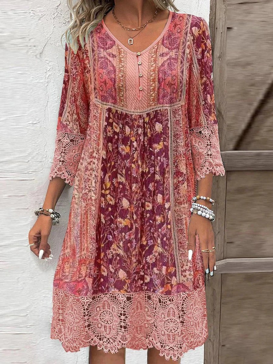 Women's Bohemian Floral Lace-Trim Three-Quarter Sleeve Tunic Dress - Back View | Lavisa