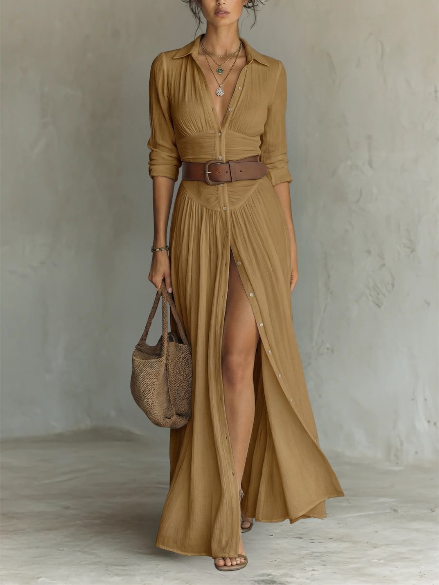 Women's Button-Front Belted Maxi Shirt Dress - Lifestyle & Model Angle | Lavisa