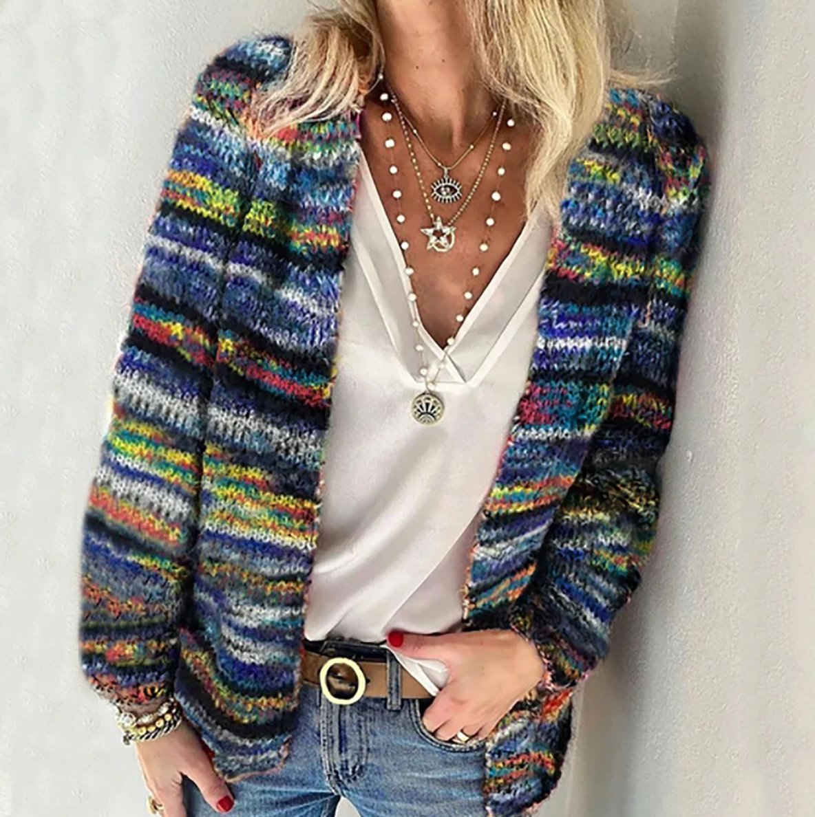 Women's Cosy Multicolour Long-Sleeve Open-Front Knitted Cardigan - Side Angle | Lavisa
