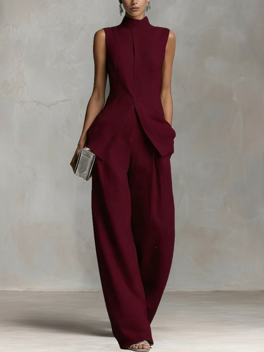 Women's Cotton-Linen Stand-Collar Wide-Leg Two-Piece Set - Variant Style 12 | Lavisa
