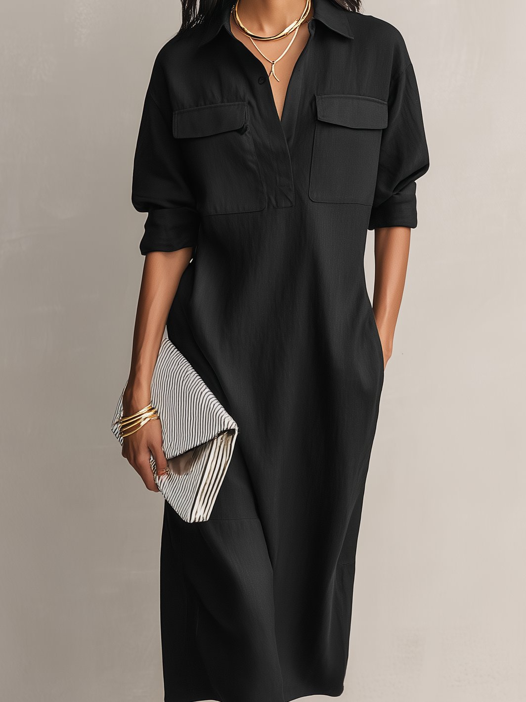 Women's Cotton Linen V-Neck Elbow Sleeve Midi Shirt Dress - Close-Up Texture & Detail | Lavisa