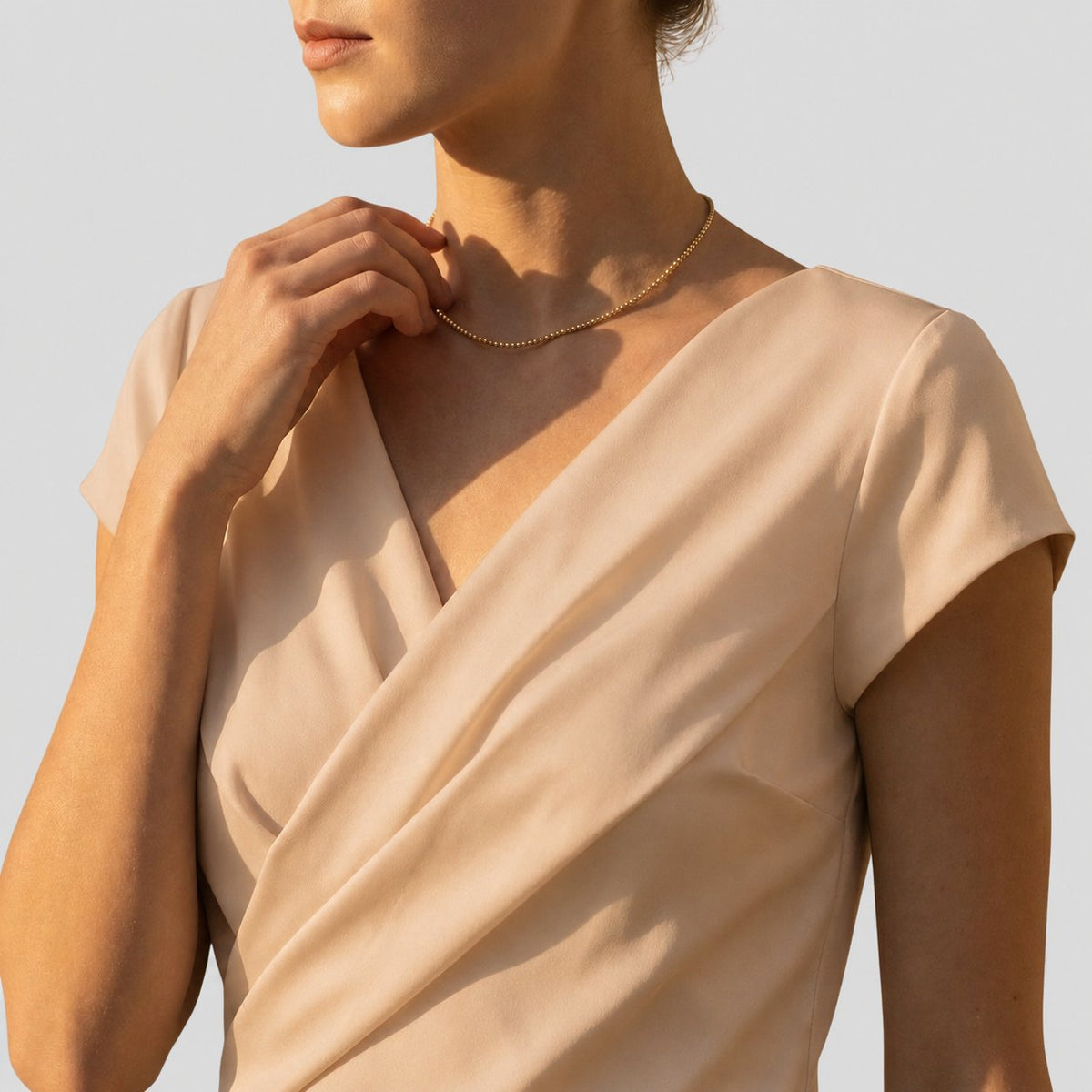 Women's Draped Wrap V-Neck Cap Sleeve Blouse Top - Close-Up Texture & Detail | Lavisa