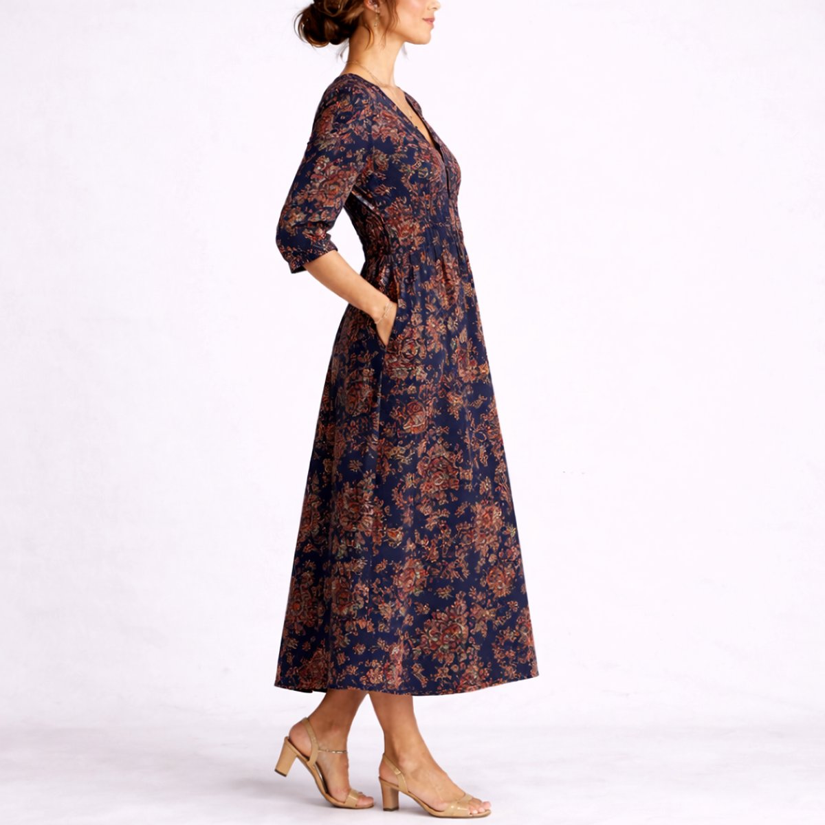 Women's Fall Wedding Guest Dresses Floral Linen Maxi V-Neck - Side Angle | Lavisa