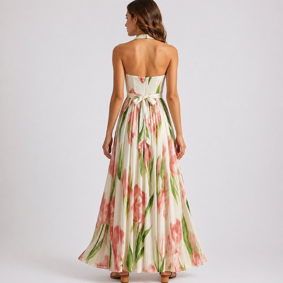Women's Fall Wedding Guest Dresses Halter Neck Floral Maxi Dress - Side Angle | Lavisa