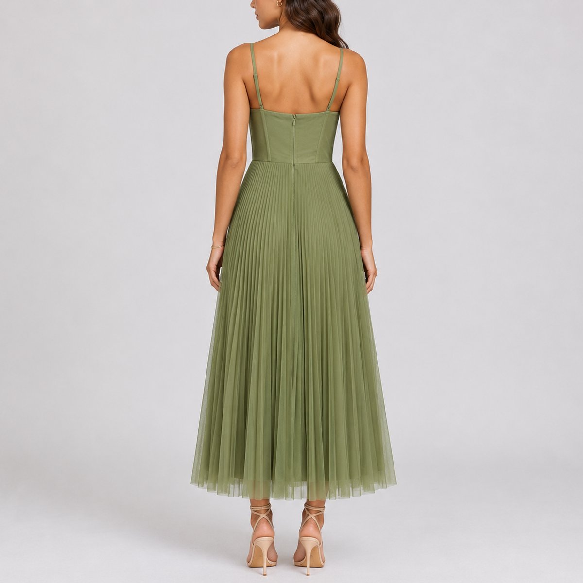 Women's Fall Wedding Guest Pleated Tulle Midi Dress Sweetheart Bodice - Side Angle | Lavisa