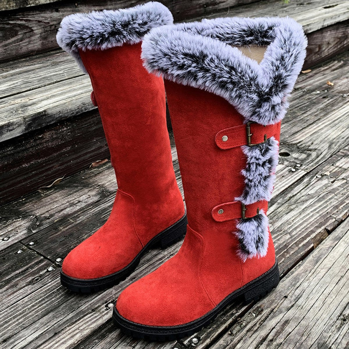 Lavisa - Women's Faux Suede Faux Fur Trim Buckle Knee High Boots