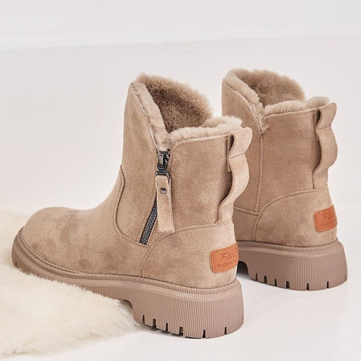 Womens Faux Suede Fleece Lined Slip On Ankle Boots Winter Platform Shoes - Lifestyle & Model Angle | Lavisa