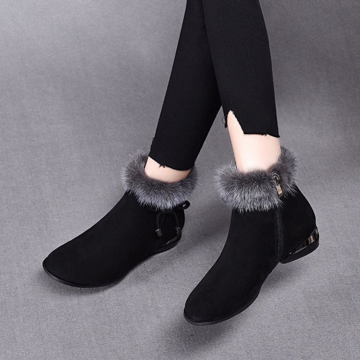 Women's Faux-Suede Fur-Trim Flat Ankle Boots - Sole & Material View | Lavisa