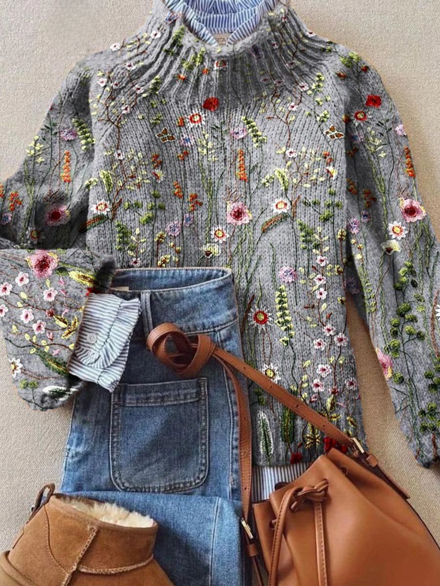 Women's Floral Embroidered Turtleneck Sweater | Lavisa