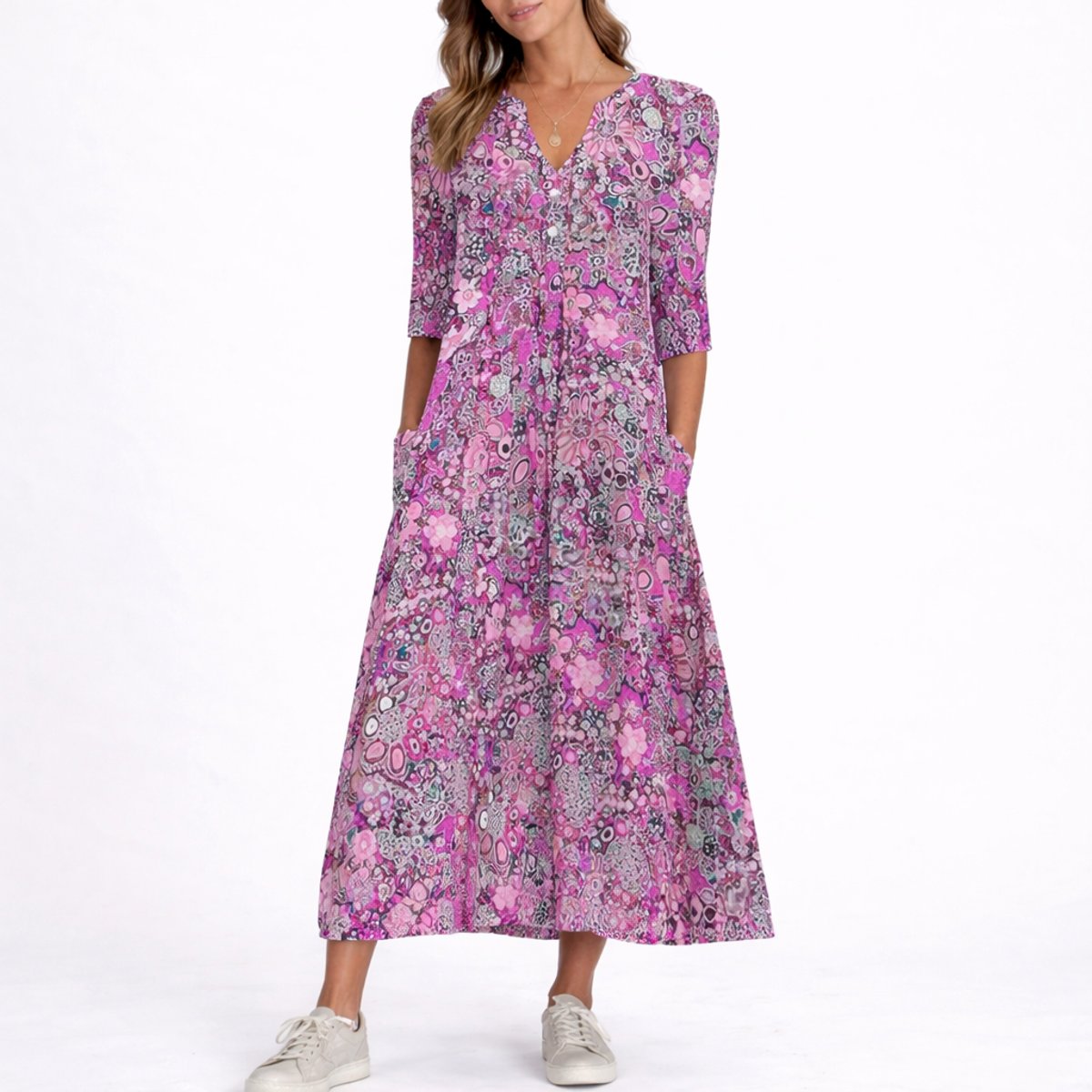 Women's Floral Midi Fall Wedding Guest Dress V-Neck Three-Quarter Sleeve - Back View | Lavisa