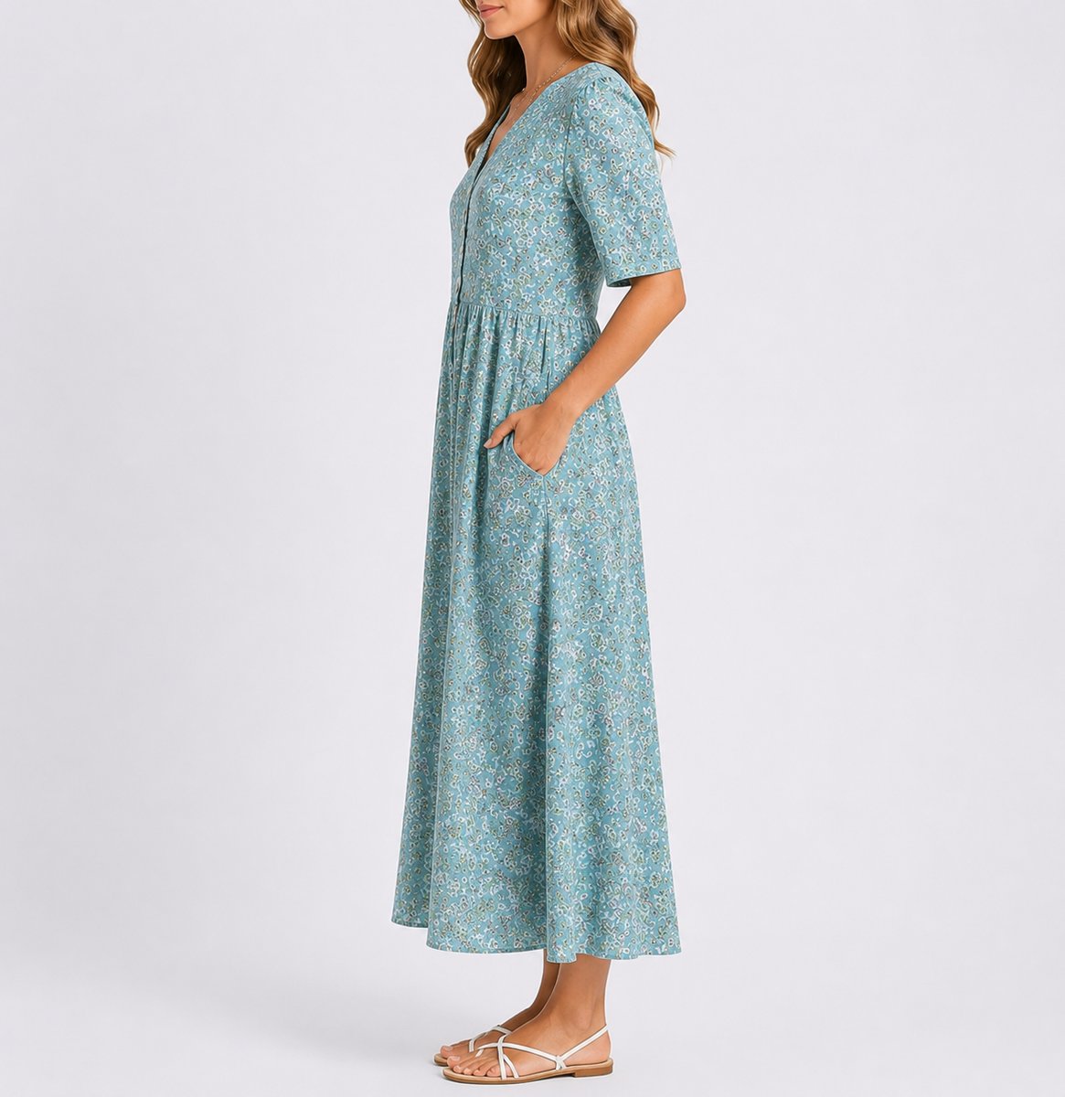 Women's Floral Midi Fall Wedding Guest Dresses Short Sleeve - Side Angle | Lavisa