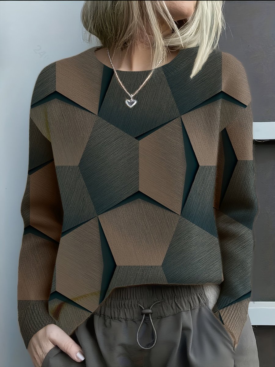 Women's Geometric Print Long Sleeve Knit Sweater Jumper - Sole & Material View | Lavisa