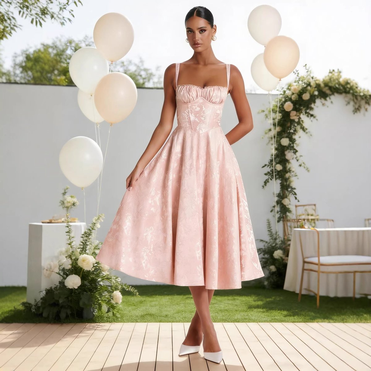 Women's Jacquard Sweetheart Corset Midi Cocktail Dress - Sole & Material View | Lavisa