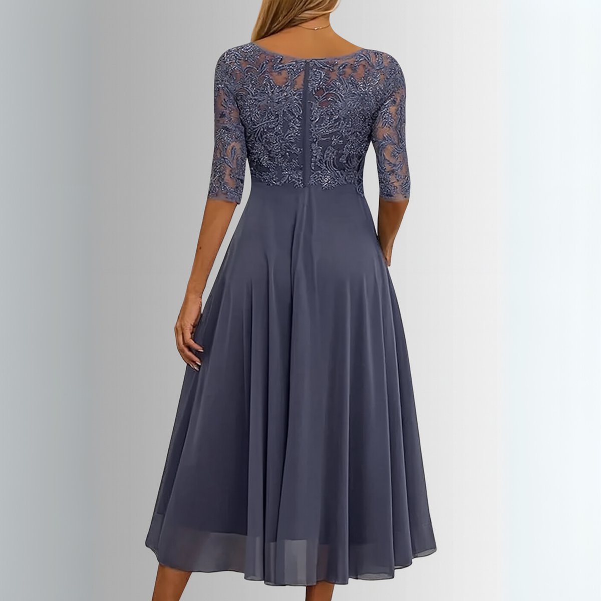 Women's Lace Bodice Chiffon Midi Formal Dresses Half Sleeve - Lifestyle & Model Angle | Lavisa