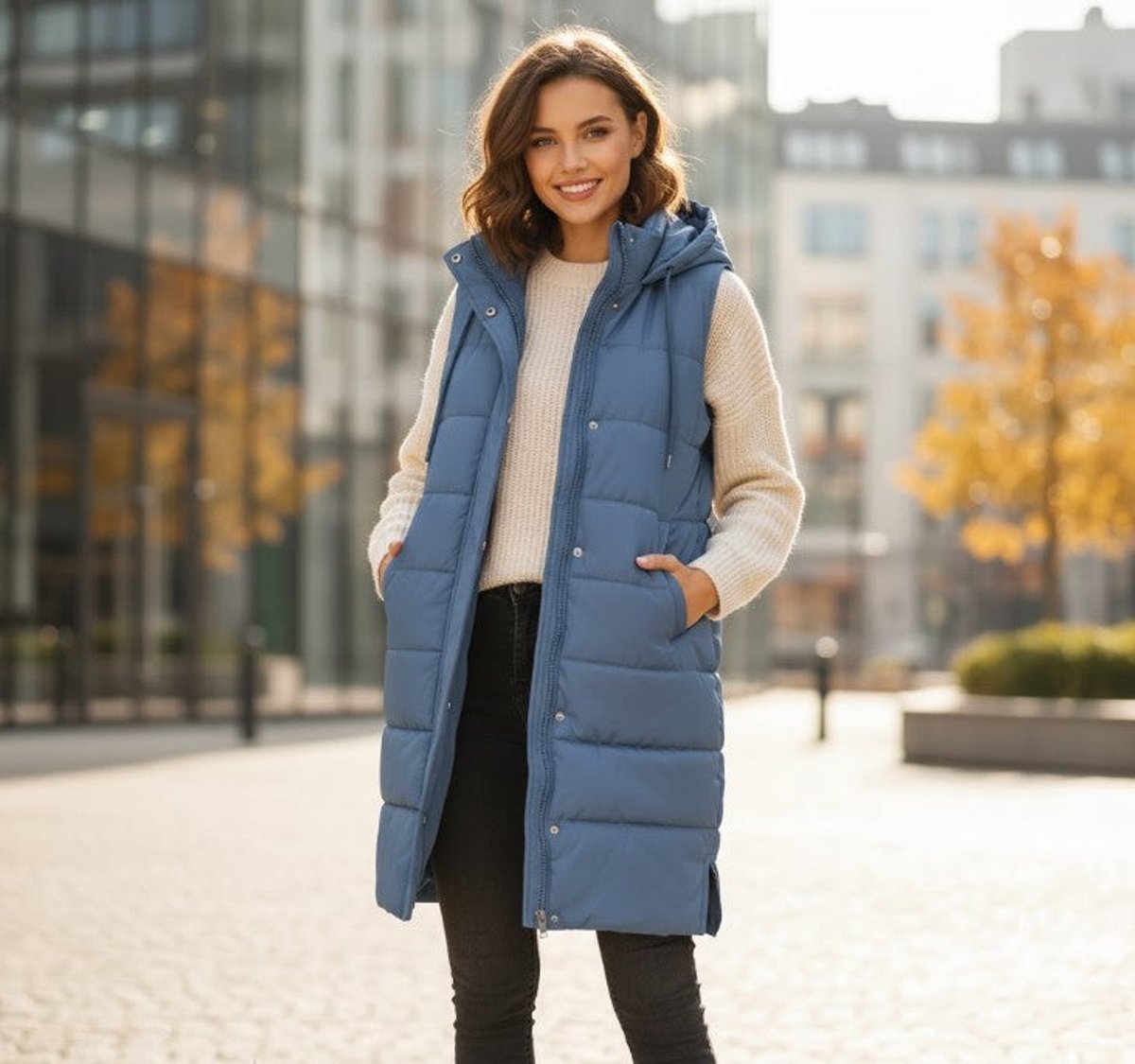 Long Hooded Quilted Sleeveless Puffer Vest - Variant Angle | Lavisa