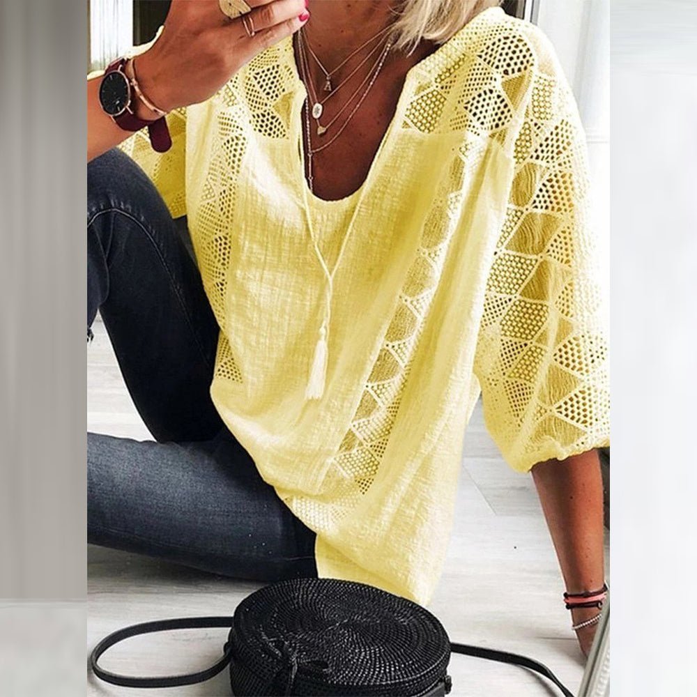 Women's Loose-Fit Three-Quarter Sleeve Crochet Panel Boho Blouse - Sole & Material View | Lavisa