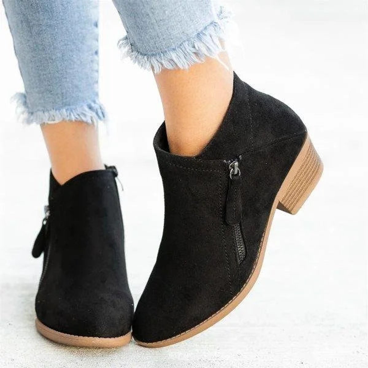 Womens Low Heel Side Zip Suede Ankle Boots Stacked Block Heel Shoes - Lifestyle & Model Angle | Lavisa