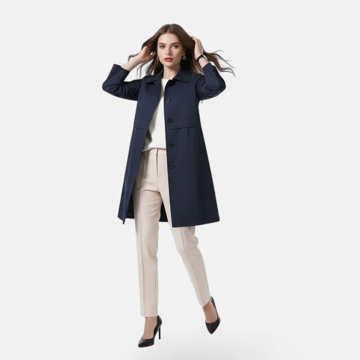 Women's Mid-Length Wool-Blend Double-Breasted Trench Coat - Lifestyle & Model Angle | Lavisa