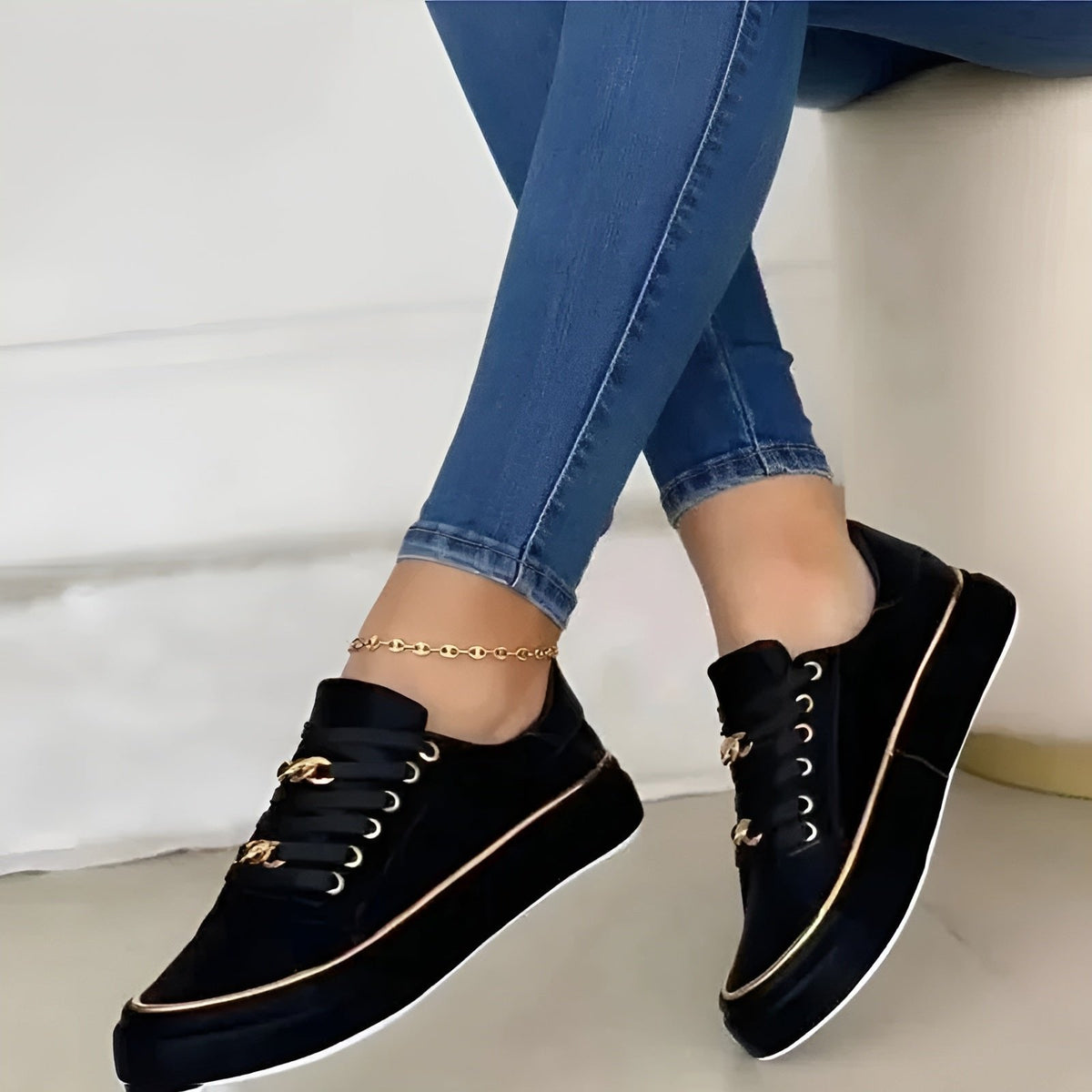 Women's Orthopedic Gold-Accent Lace-Up Platform Trainers - Lifestyle & Model Angle | Lavisa