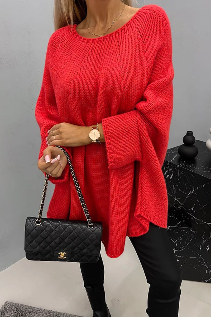 Women's Oversized Batwing-Sleeve Round-Neck Knit Sweater - Sole & Material View | Lavisa
