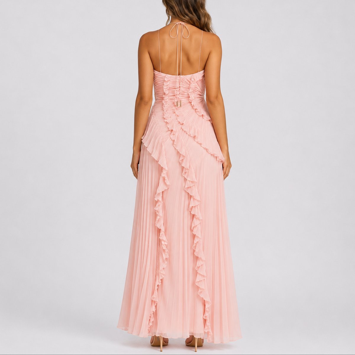 Women's Pleated Ruffle Halter Maxi Fall Wedding Guest Dresses - Close-Up Texture & Detail | Lavisa