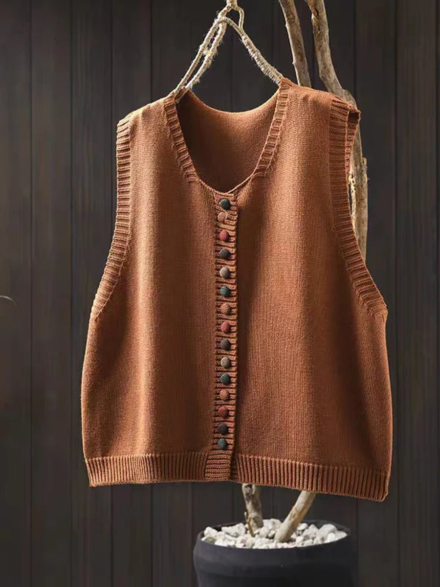 Relaxed Fit Button Up Knit Sleeveless Vest - Lifestyle & Model Angle | Lavisa