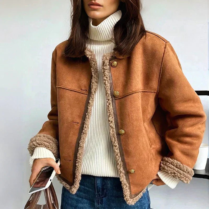 Women's Relaxed-Fit Faux Shearling Button-Front Cropped Jacket - Sole & Material View | Lavisa