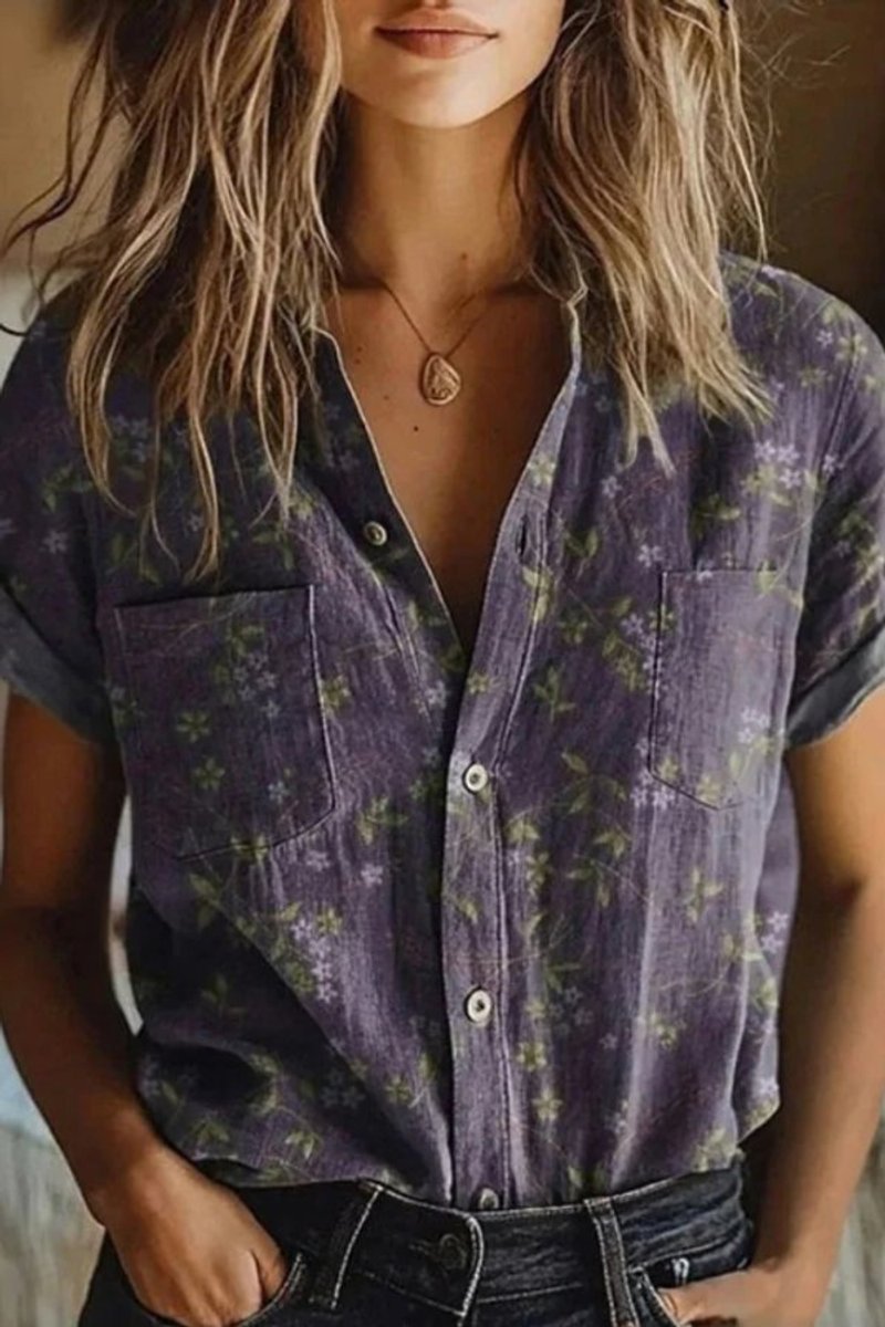 Women's Relaxed-Fit Floral Print Cotton Button-Down Blouse Short Sleeve - Side Angle | Lavisa