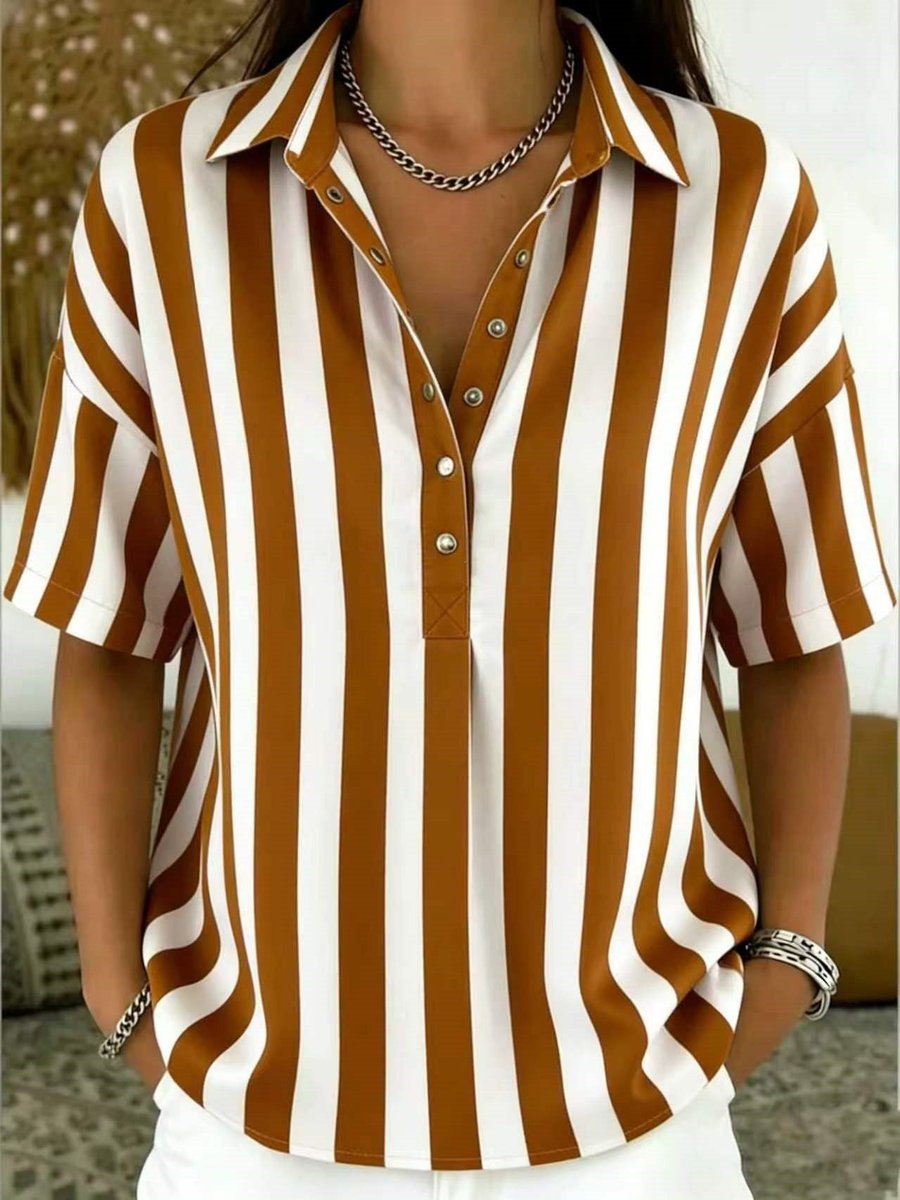 Lavisa - Women's Relaxed-Fit Striped Collared Short-Sleeve Blouse