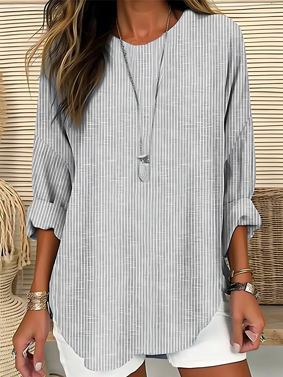 Women's Relaxed-Fit Striped Crew-Neck Long-Sleeve Blouse - Back View | Lavisa