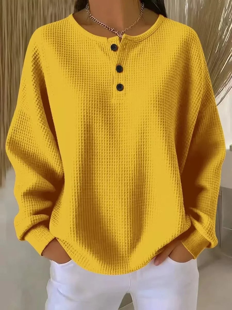 Women's Relaxed Waffle Knit Sweater Henley Long Sleeve Top - Lifestyle & Model Angle | Lavisa
