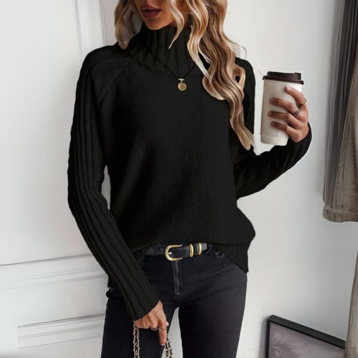 Women's Ribbed Knit Turtleneck Sweater - Close-Up Texture & Detail | Lavisa